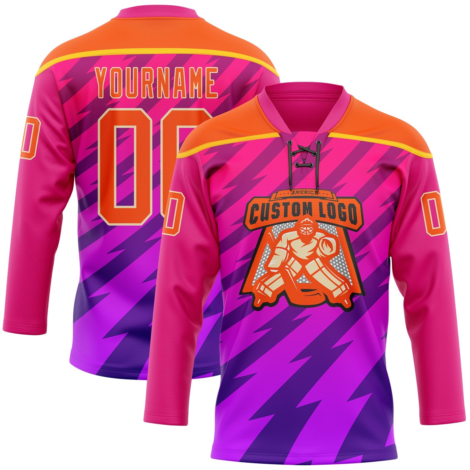 Custom Hot Pink Orange Purple Yellow-Cream 3D Pattern Abstract Gradient Halftone Hockey Lace Neck Jersey