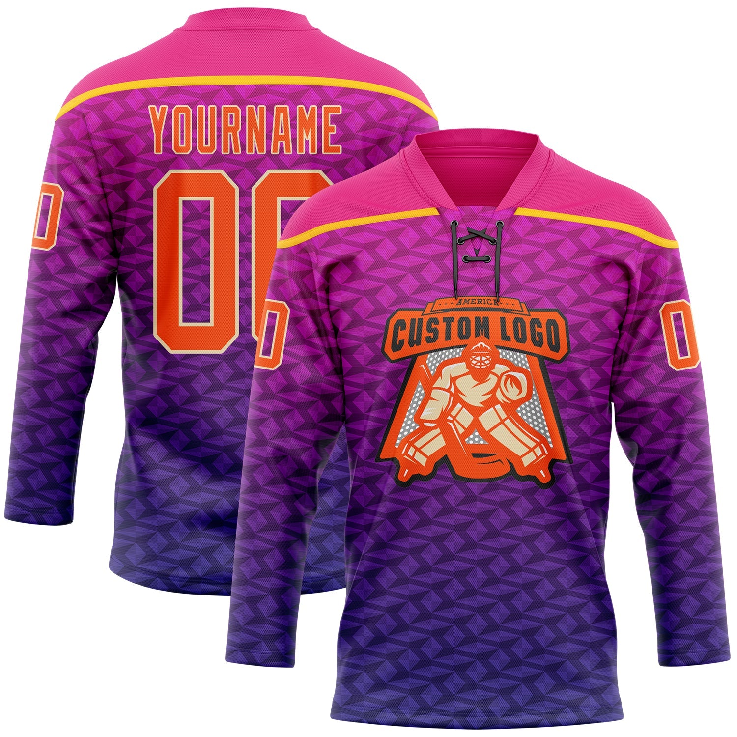 Custom Hot Pink Orange Purple Yellow-Cream 3D Pattern Abstract Gradient Halftone Hockey Lace Neck Jersey