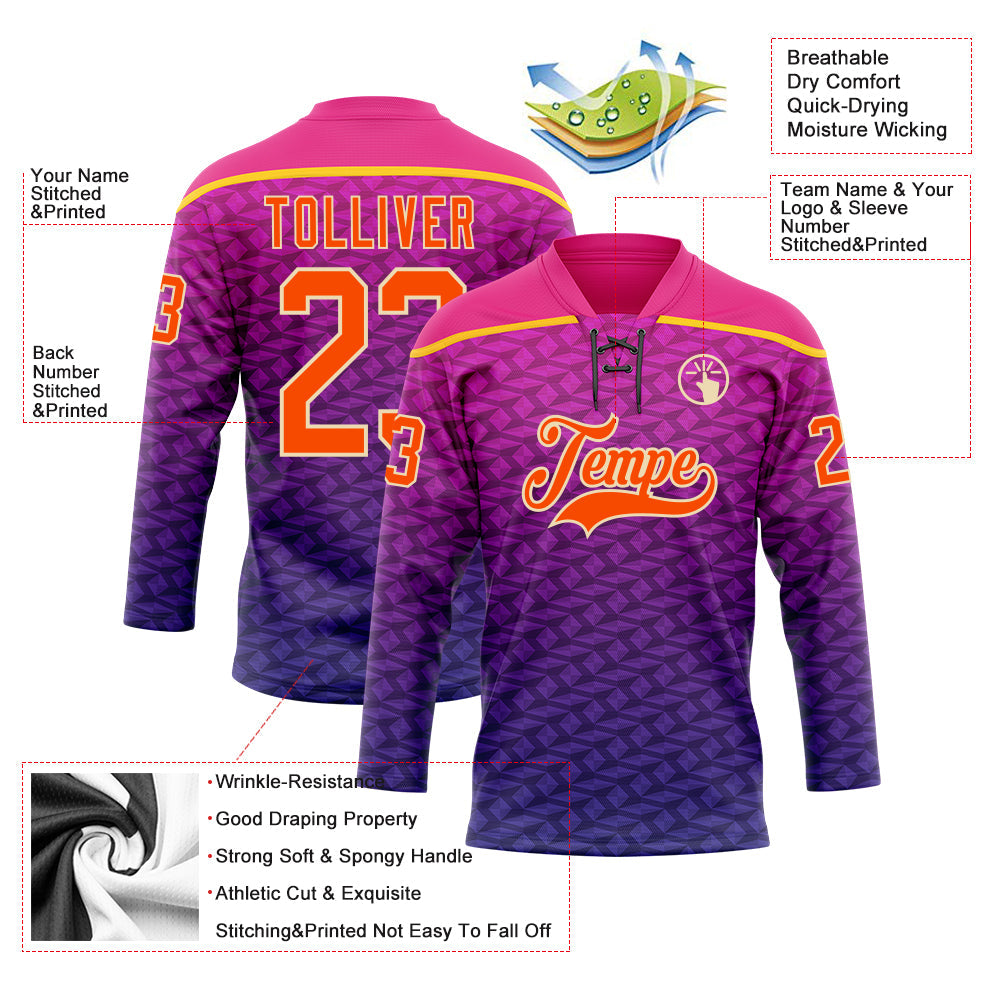 Custom Hot Pink Orange Purple Yellow-Cream 3D Pattern Abstract Gradient Halftone Hockey Lace Neck Jersey