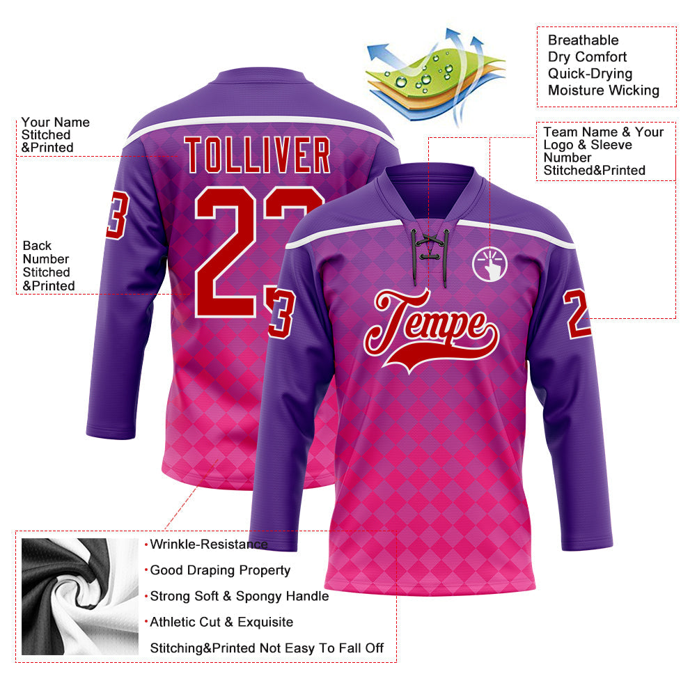 Custom Purple Red Pink-White 3D Pattern Abstract Gradient Halftone Hockey Lace Neck Jersey