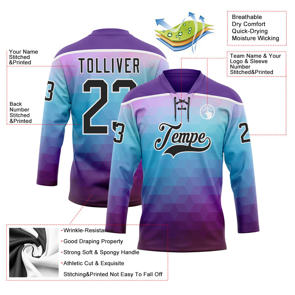 Custom Purple Black Blue-White 3D Pattern Abstract Gradient Halftone Hockey Lace Neck Jersey