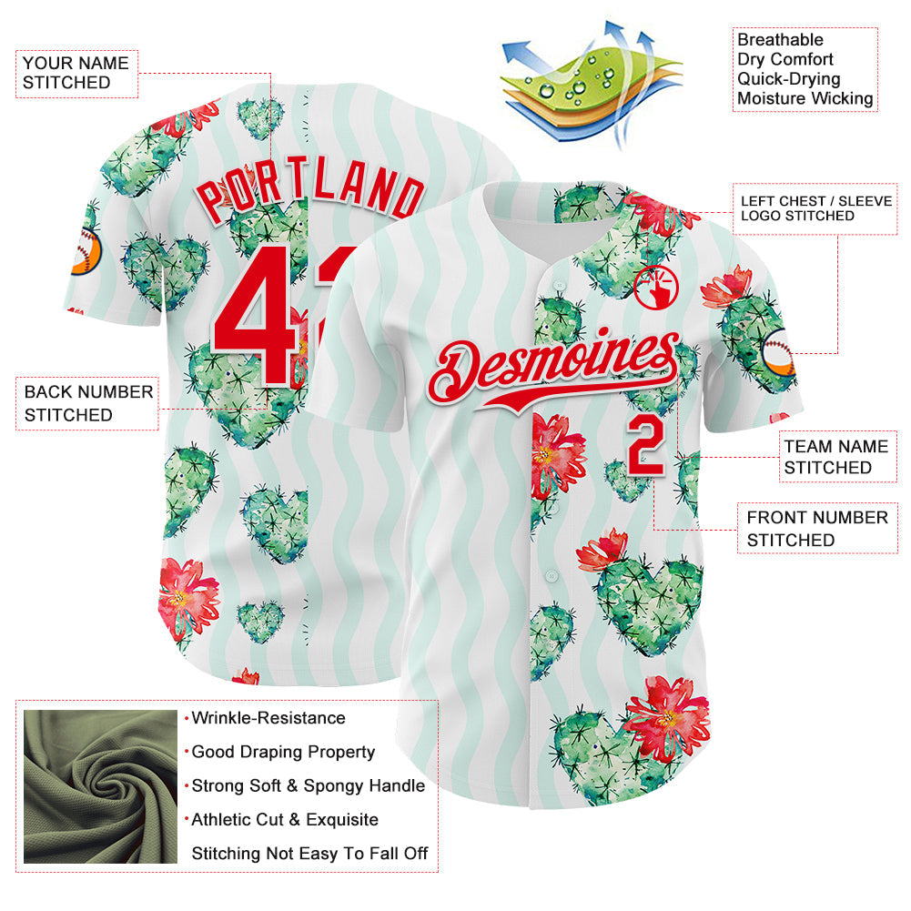 Custom White Fire Red-Green Valentine's Day Love Heart Authentic Baseball Jersey