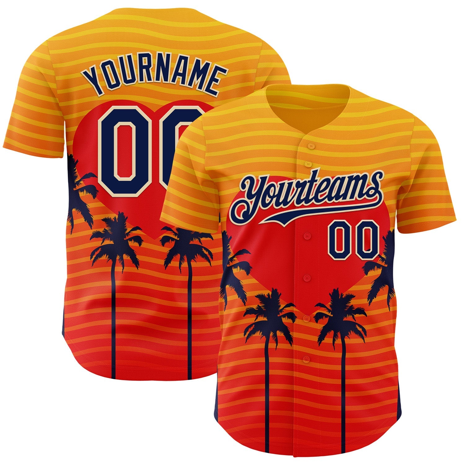 Custom Yellow Navy Orange-Cream Valentine's Day Gradient Coconut Trees Authentic Baseball Jersey