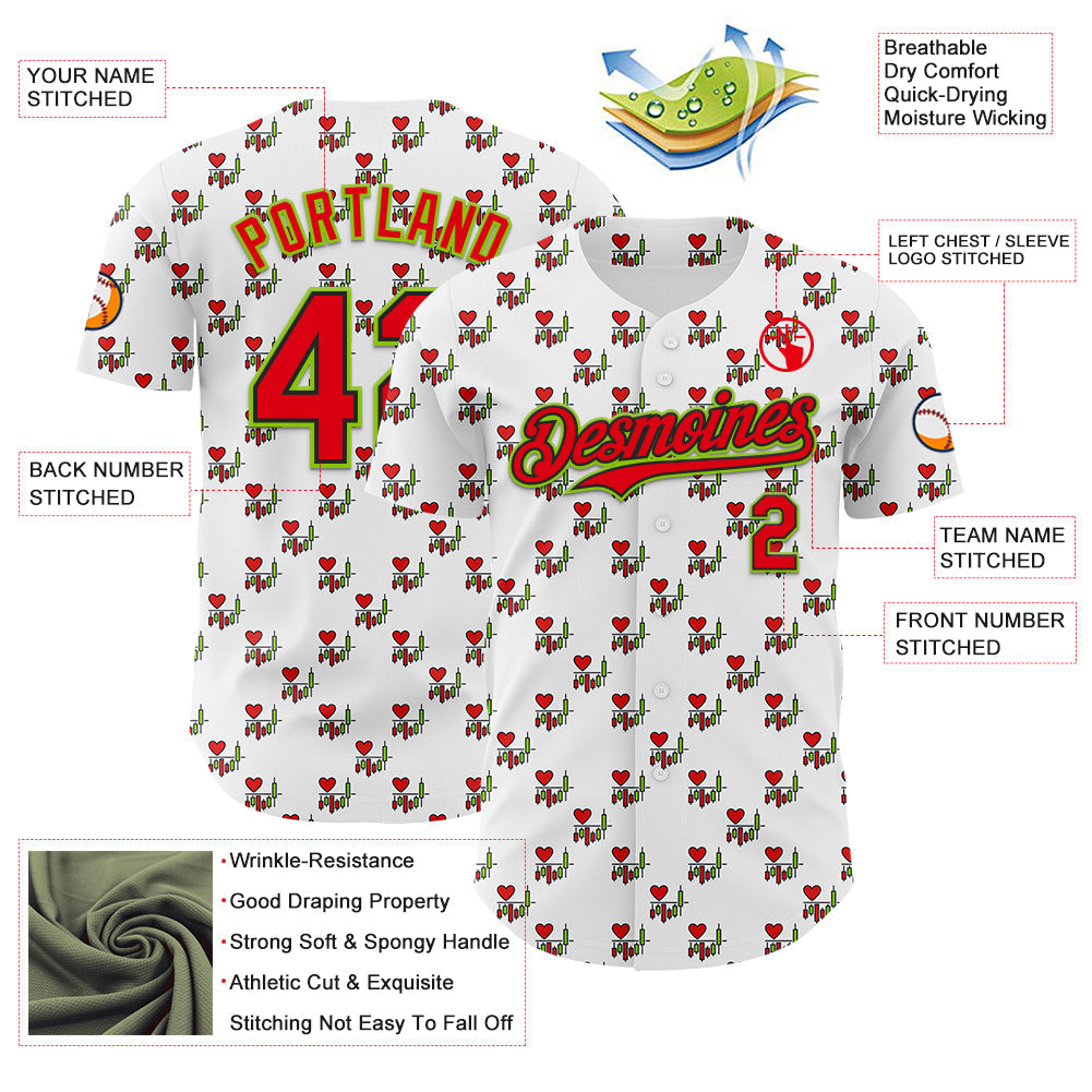Custom White Fire Red Black-Neon Green Valentine's Day Love Heart Authentic Baseball Jersey