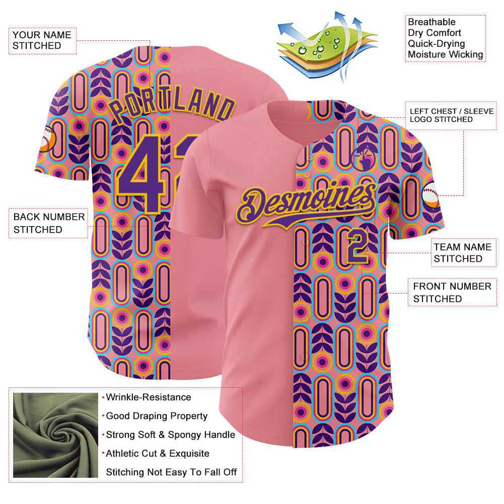 Custom Medium Pink Purple-Yellow Valentine's Day Flower Authentic Baseball Jersey