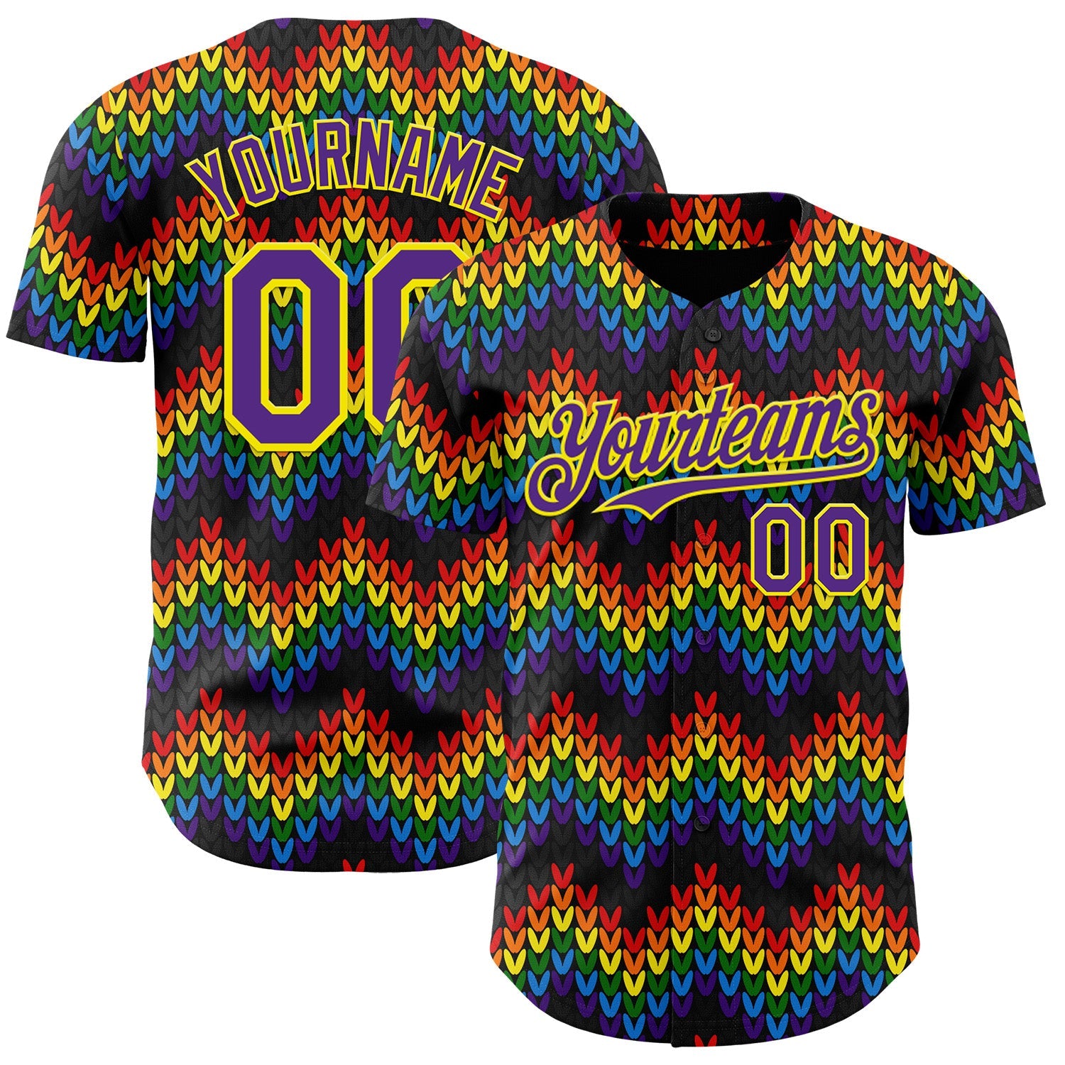 Custom Black Purple-Light Yellow Valentine's Day Love Heart Pride Month Love Is Love Authentic Baseball Jersey