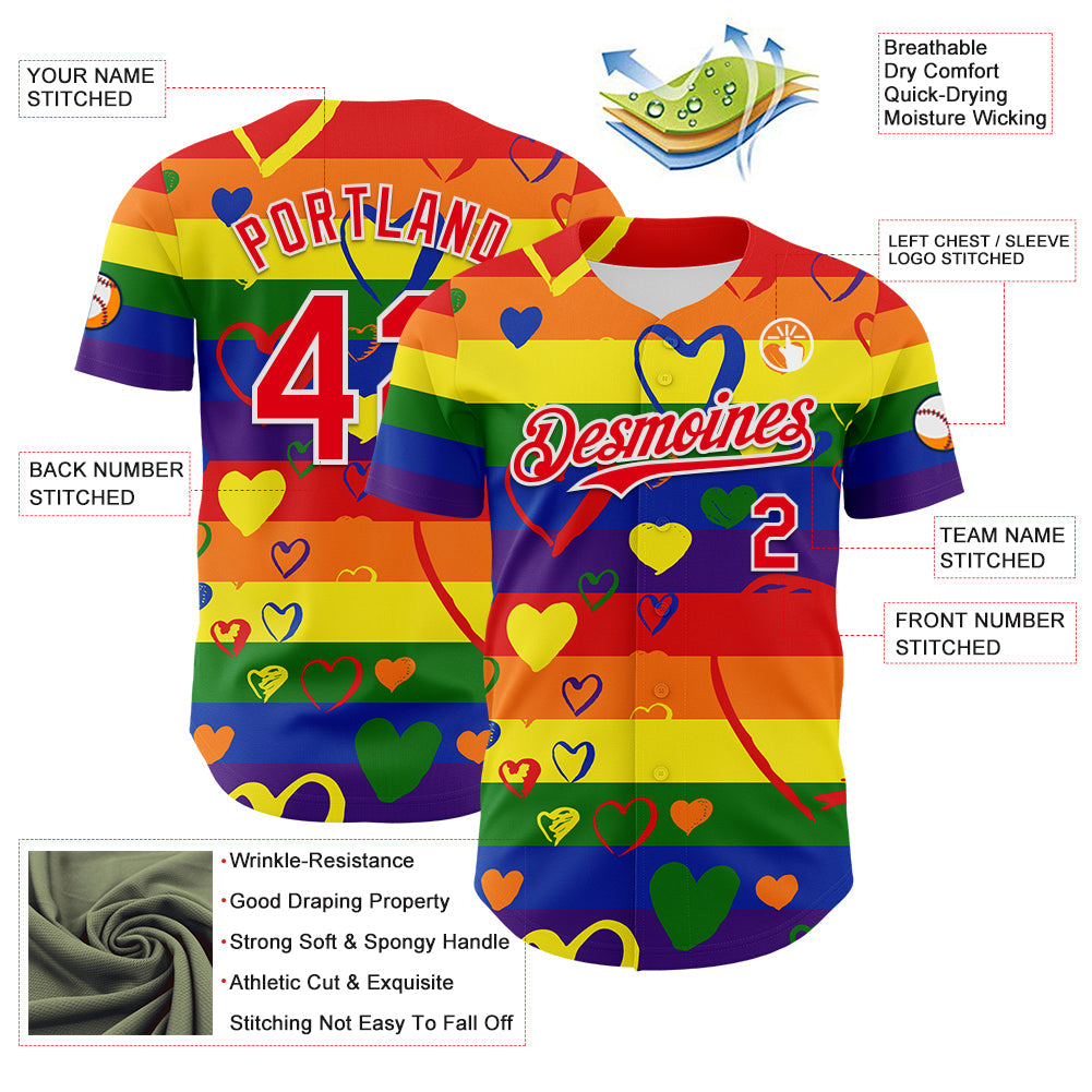 Custom Rainbow Fire Red-White Valentine's Day Love Heart Pride Month Love Is Love Authentic Baseball Jersey