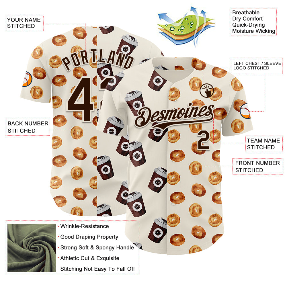 Custom Cream Brown Valentine's Day Bagel Meets Coffee Authentic Baseball Jersey