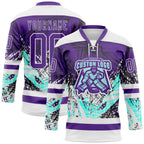 Custom Purple Green-White 3D Pattern Abstract Splatter Paint Grunge Hockey Lace Neck Jersey