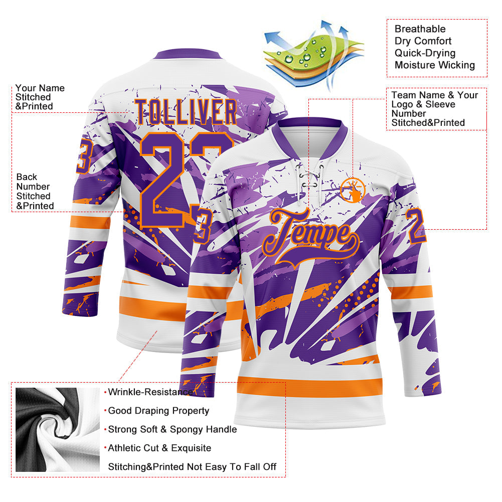 Custom White Purple-Bay Orange 3D Pattern Abstract Splatter Paint Hockey Lace Neck Jersey