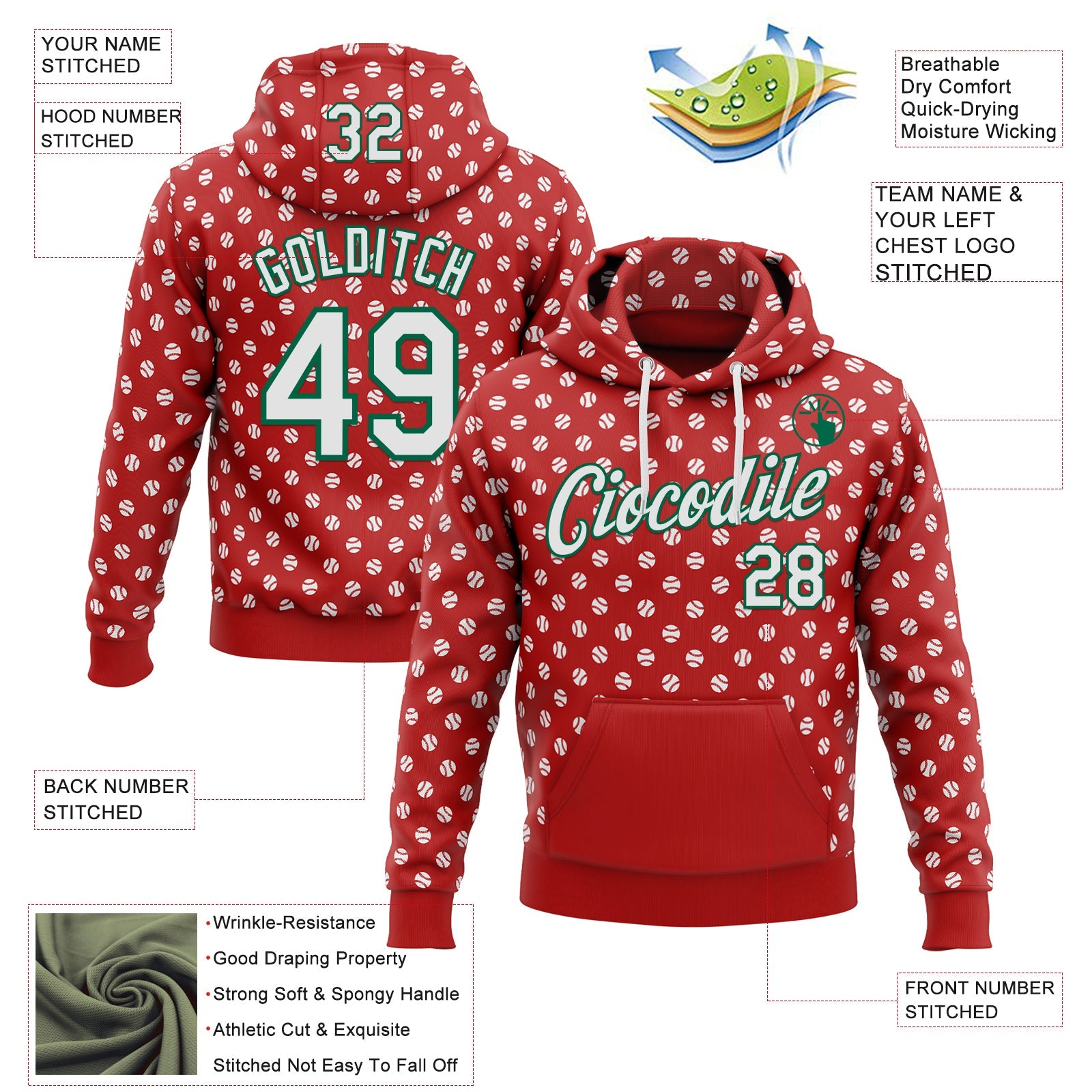 Custom Stitched Red White-Kelly Green 3D Pattern Design Baseball Game Day Houston Inspired Sports Pullover Sweatshirt Hoodie