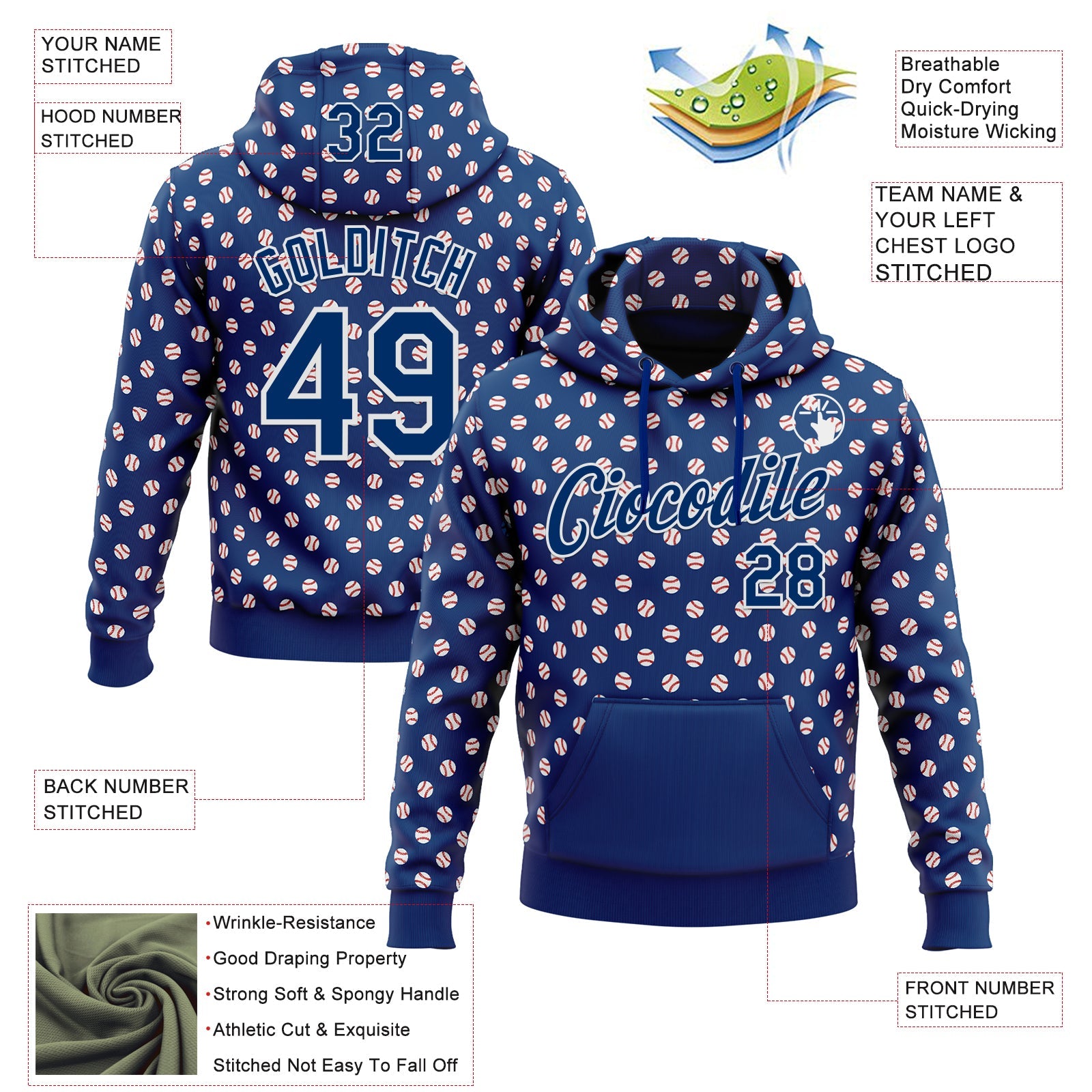 Custom Stitched US Navy Blue White 3D Pattern Design Baseball Game Day Indianapolis Inspired Sports Pullover Sweatshirt Hoodie