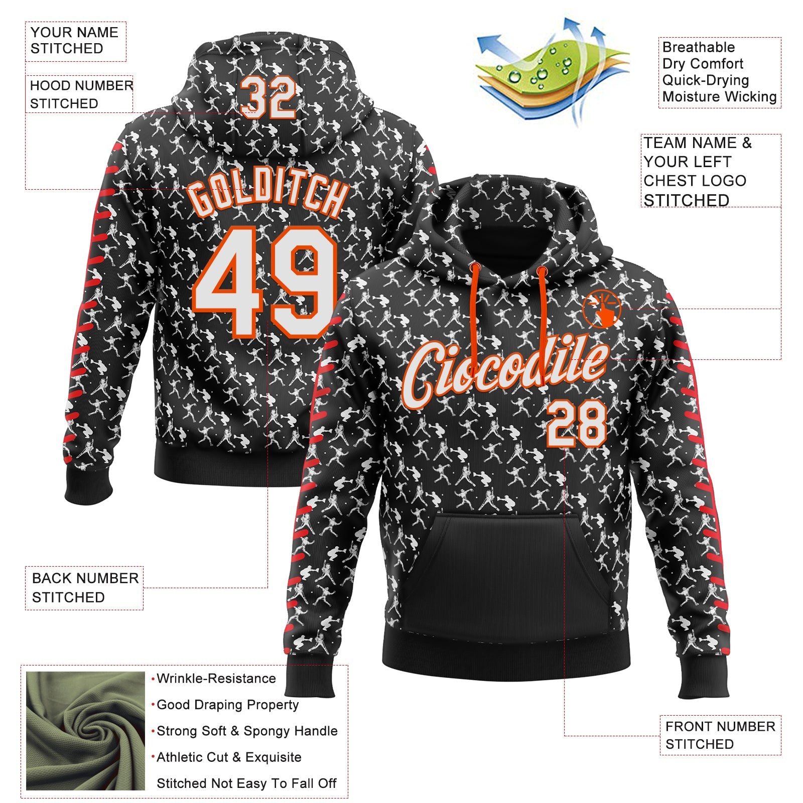 Custom Stitched Black White Orange-Red 3D Pattern Design Baseball Game Day Cincinnati Inspired Sports Pullover Sweatshirt Hoodie