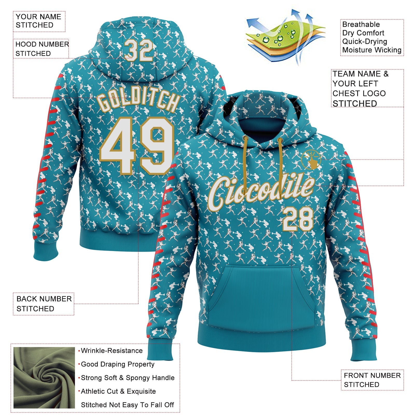 Custom Stitched Teal White Red-Old Gold 3D Pattern Design Baseball Game Day Jacksonville Inspired Sports Pullover Sweatshirt Hoodie