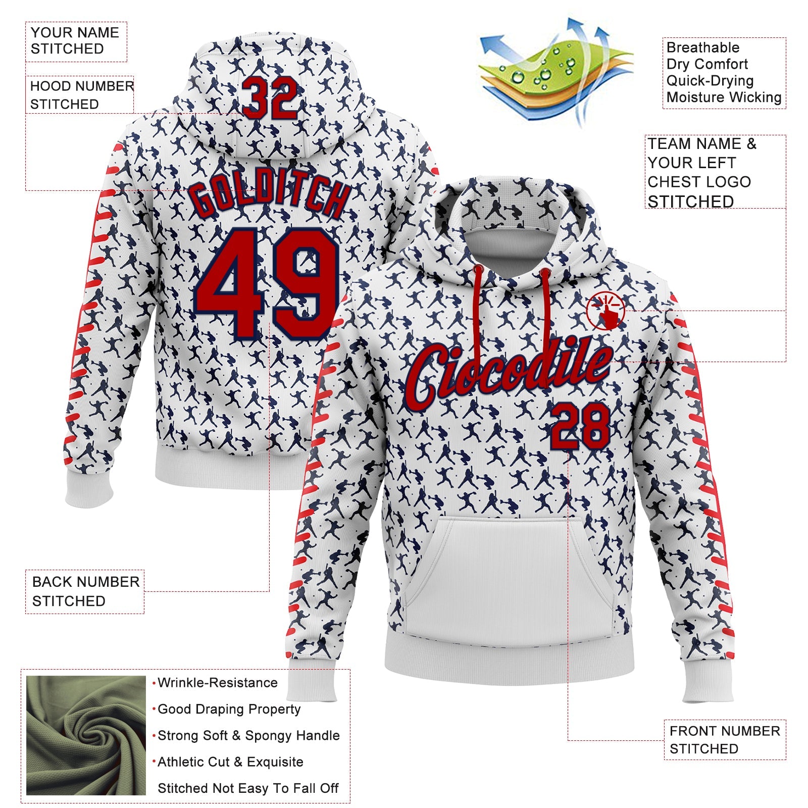 Custom Stitched White Red-Navy 3D Pattern Design Baseball Game Day Houston Inspired Sports Pullover Sweatshirt Hoodie