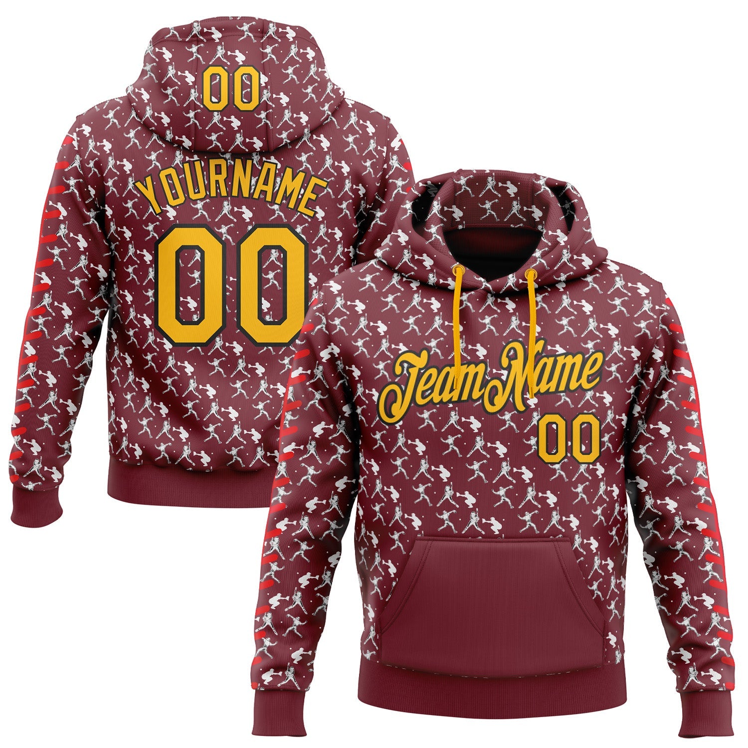 Custom Stitched Burgundy Gold Red Black-White 3D Pattern Design Baseball Game Day Washington Inspired Sports Pullover Sweatshirt Hoodie