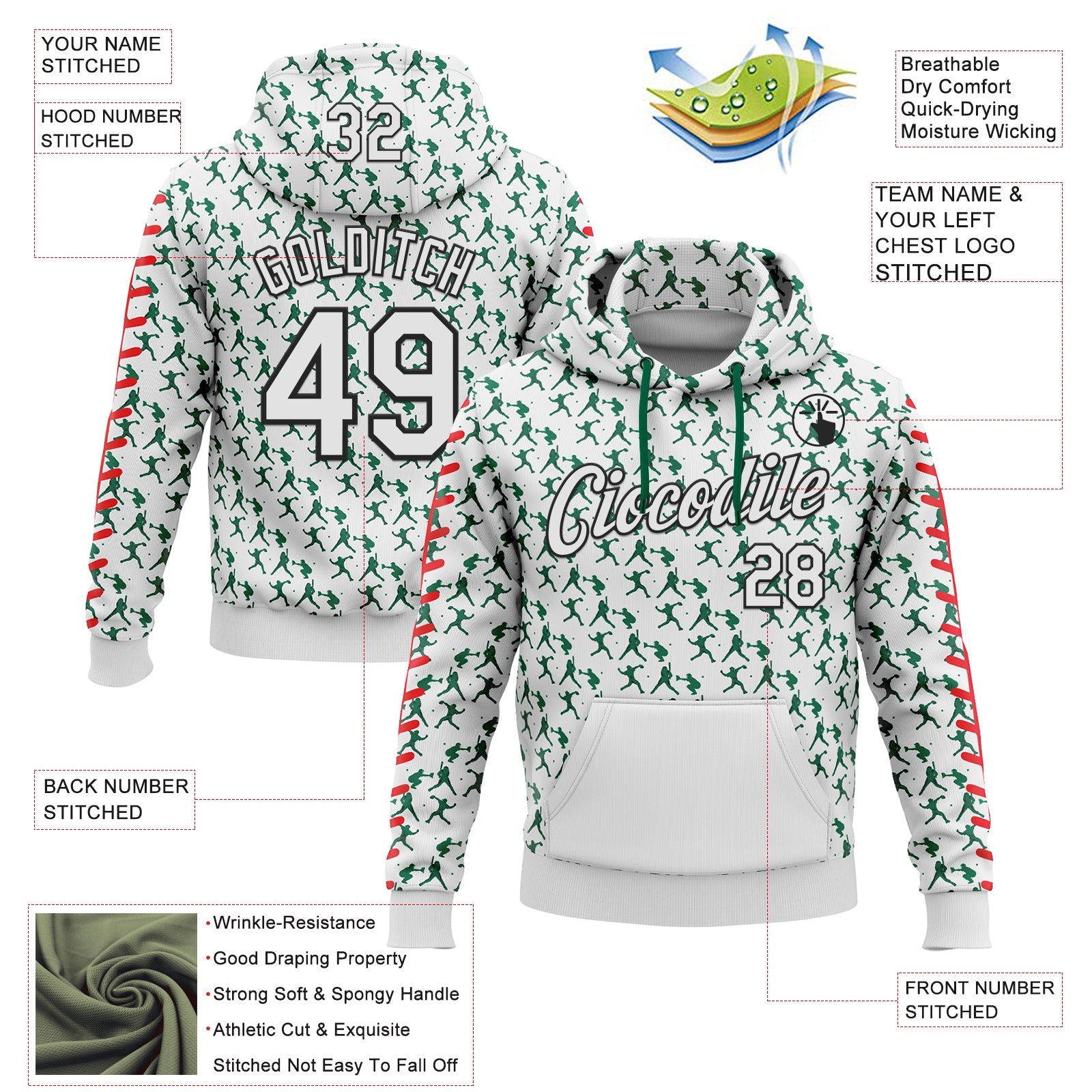 Custom Stitched White Kelly Green Red-Black 3D Pattern Design Baseball Game Day New York Inspired Sports Pullover Sweatshirt Hoodie