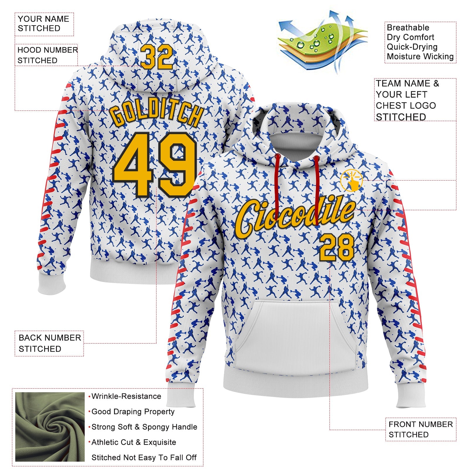 Custom Stitched White Gold Thunder Blue Red-Black 3D Pattern Design Baseball Game Day Los Angeles Inspired Sports Pullover Sweatshirt Hoodie