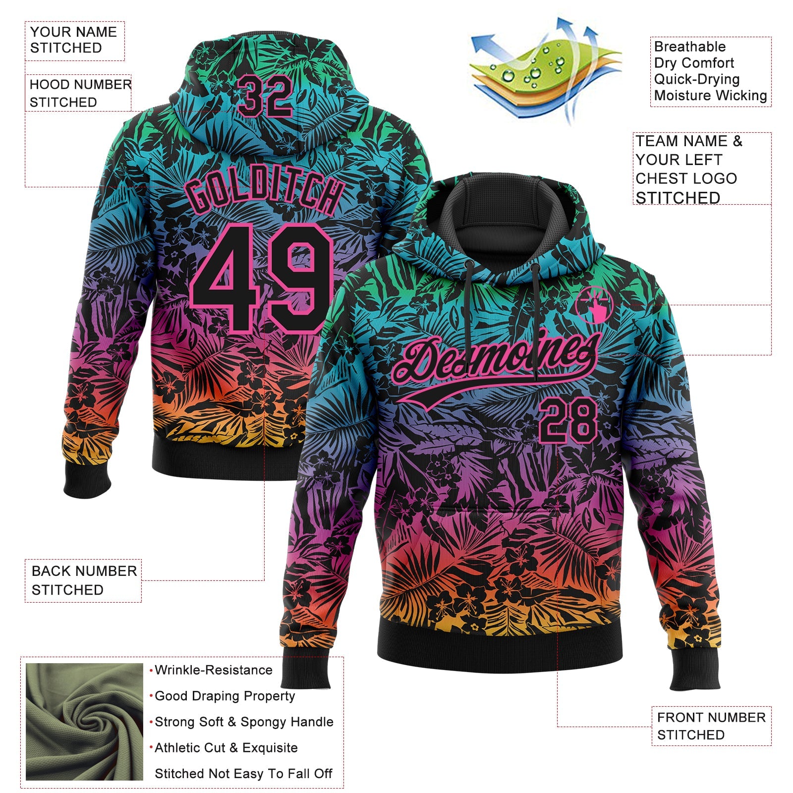 Custom Stitched Black Pink 3D Tropical Hawaii Palm Leaves Sports Pullover Sweatshirt Hoodie