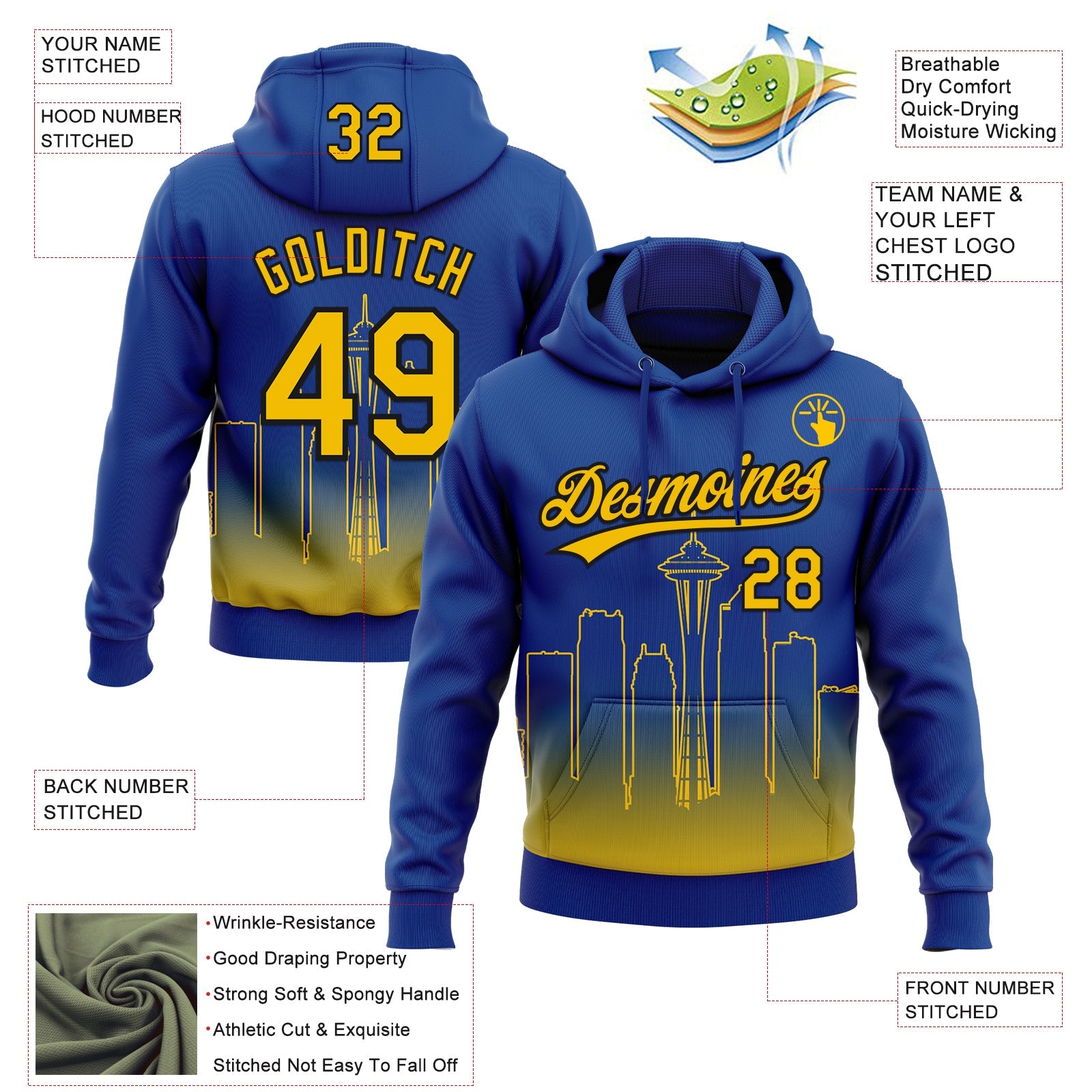 Custom Stitched Royal Yellow-Black 3D Gradient Fashion Seattle City Edition Sports Pullover Sweatshirt Hoodie