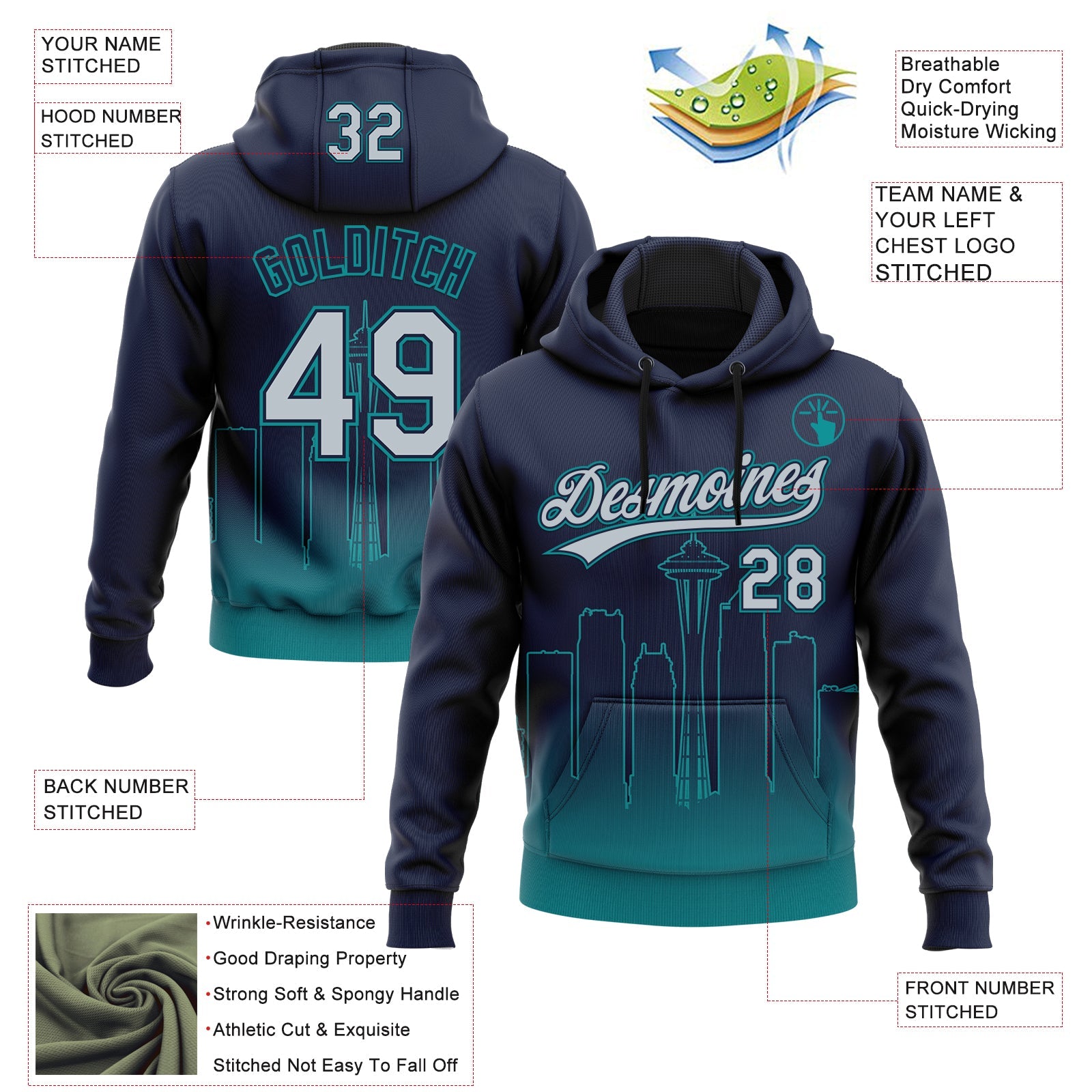 Custom Stitched Navy Gray-Teal 3D Gradient Fashion Seattle City Edition Sports Pullover Sweatshirt Hoodie