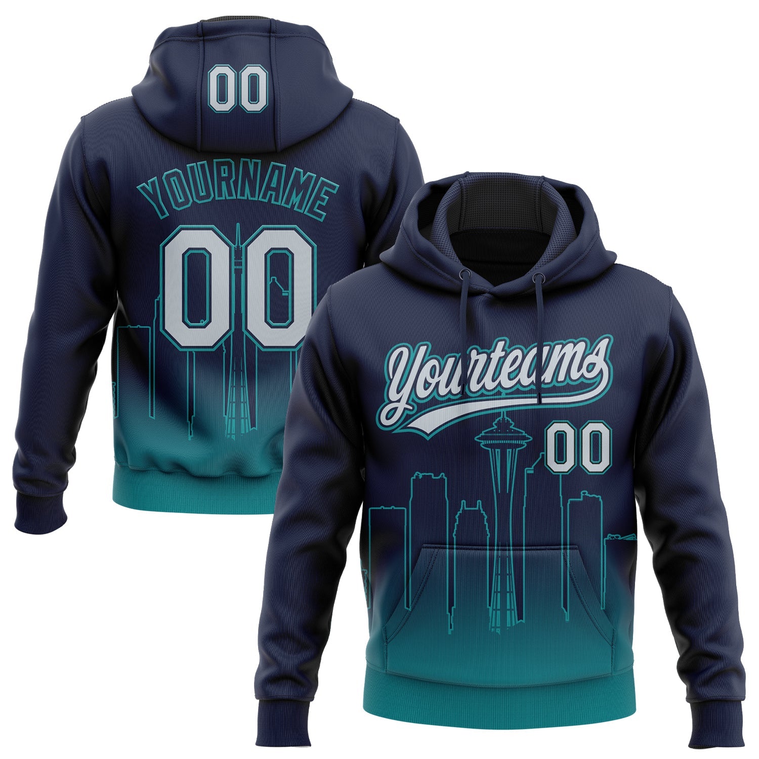 Custom Stitched Navy Gray-Teal 3D Gradient Fashion Seattle City Edition Sports Pullover Sweatshirt Hoodie