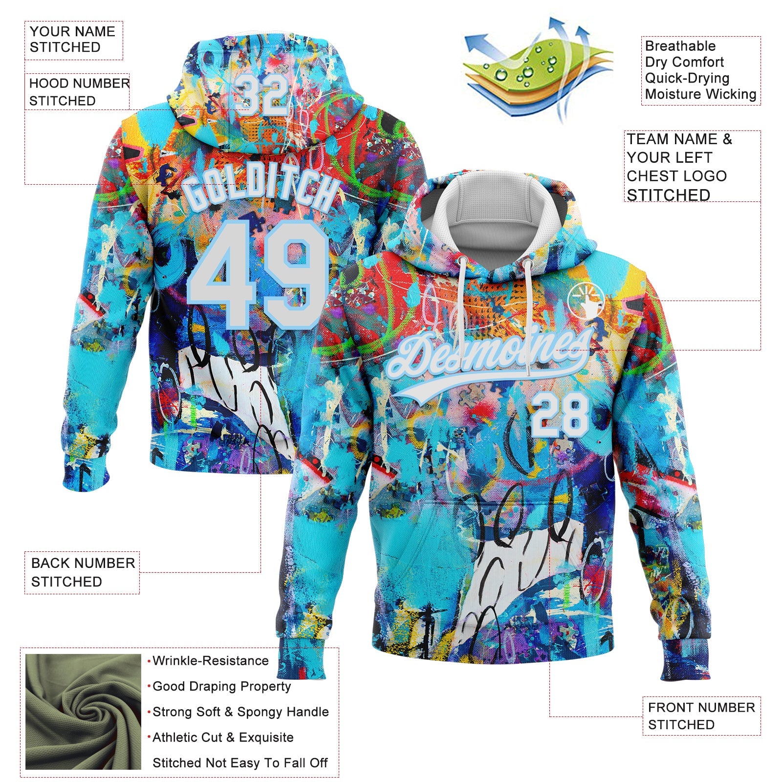 Custom Stitched Graffiti Pattern White-Light Blue 3D Abstract Splash Sports Pullover Sweatshirt Hoodie
