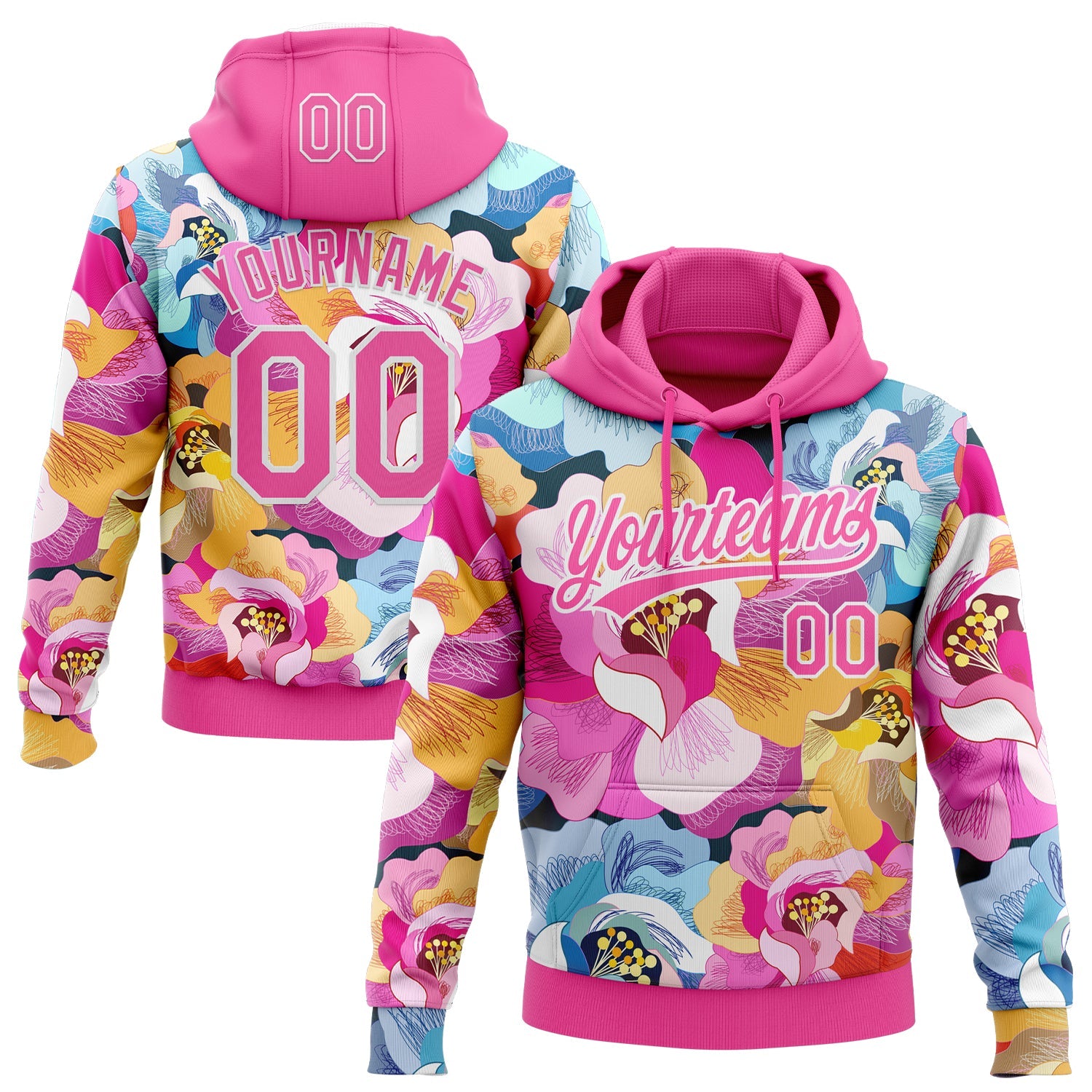 Custom Stitched Pink White 3D Pattern Design Flowers Sports Pullover Sweatshirt Hoodie