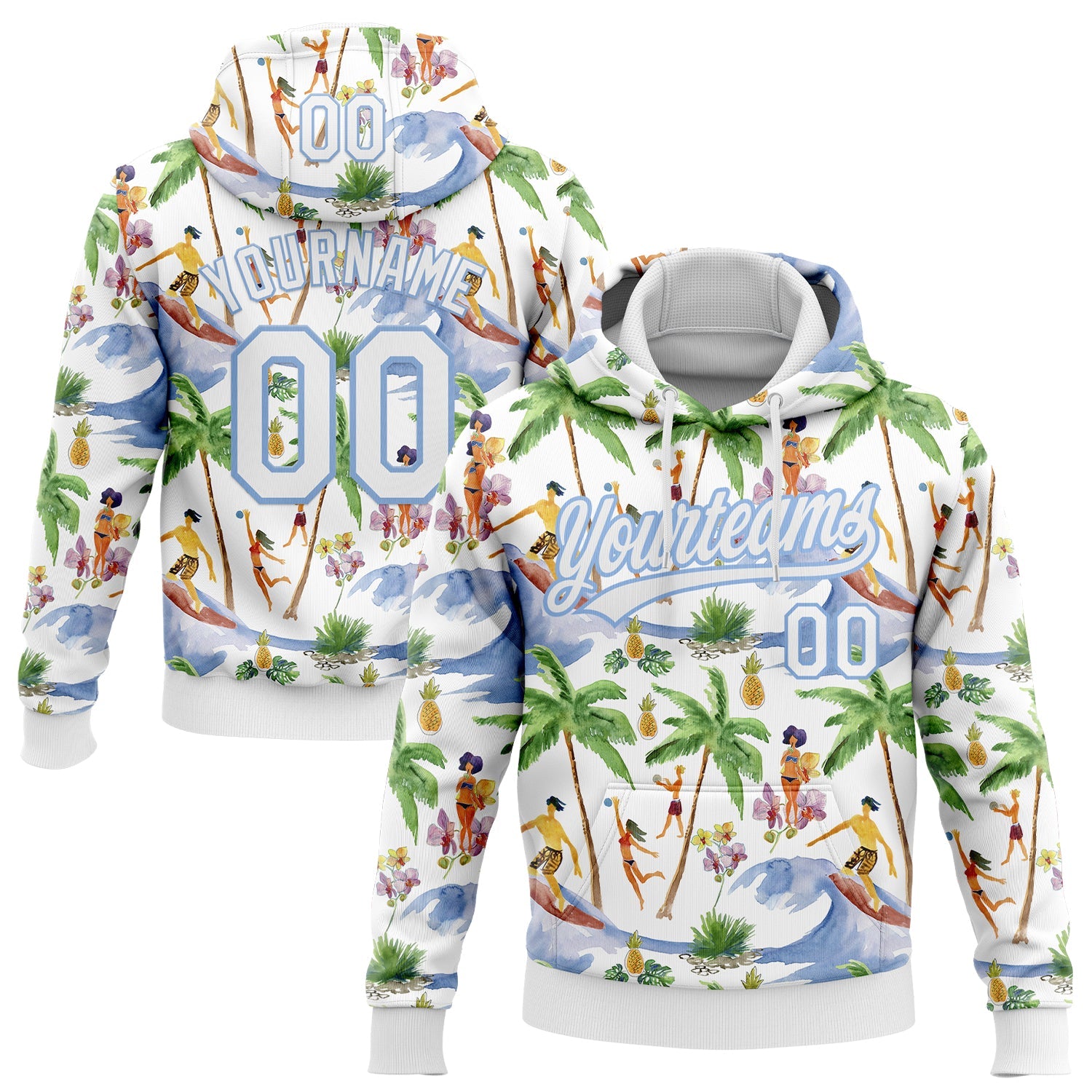 Custom Stitched White Light Blue 3D Hawaii Palm Trees Sports Pullover Sweatshirt Hoodie