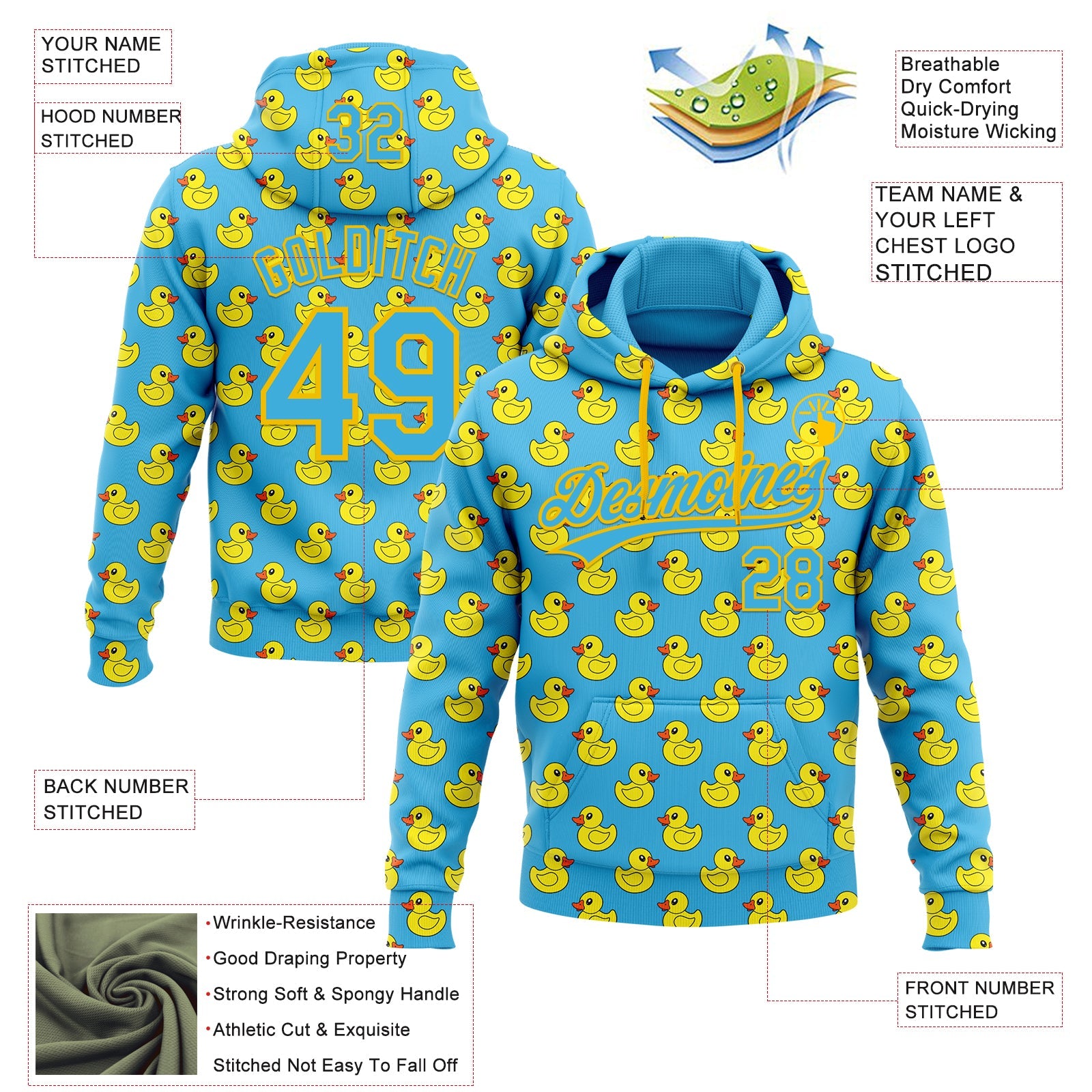 Custom Stitched Sky Blue Yellow 3D Pattern Design Animal Duck Sports Pullover Sweatshirt Hoodie