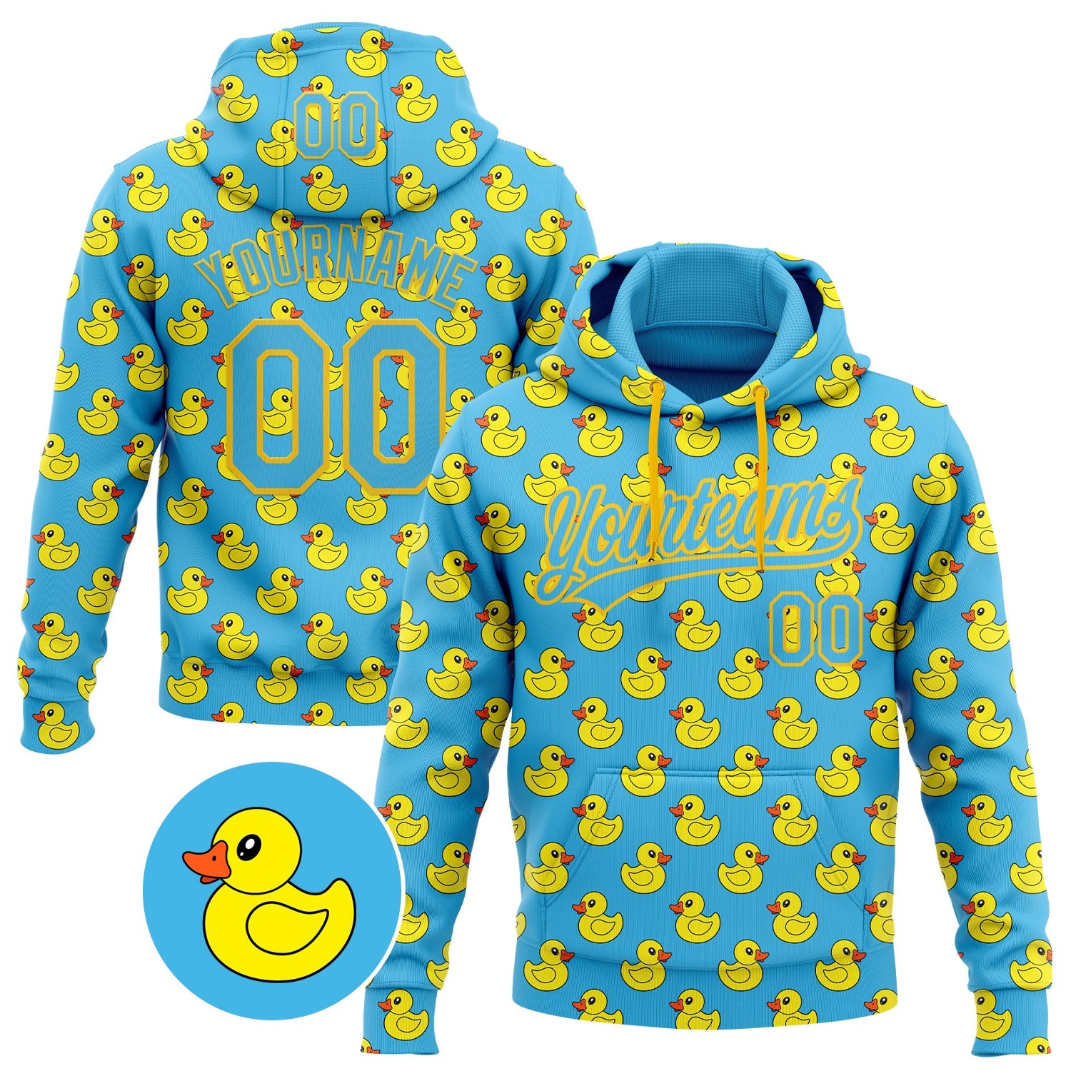Custom Stitched Sky Blue Yellow 3D Pattern Design Animal Duck Sports Pullover Sweatshirt Hoodie