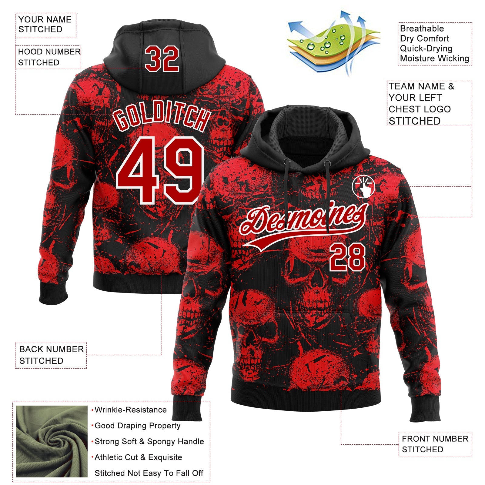 Custom Stitched Black Red-White 3D Pattern Design Halloween Skulls Sports Pullover Sweatshirt Hoodie