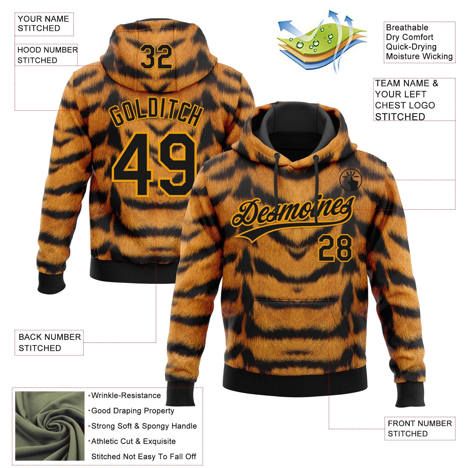 Custom Stitched Brown Black-Gold 3D Pattern Design Tiger Print Sports Pullover Sweatshirt Hoodie