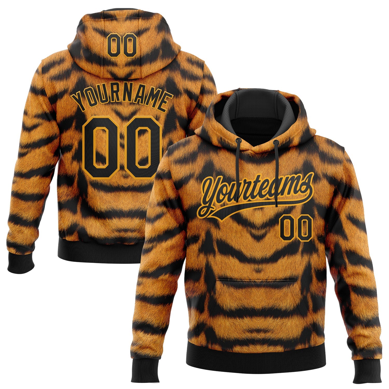 Custom Stitched Brown Black-Gold 3D Pattern Design Tiger Print Sports Pullover Sweatshirt Hoodie