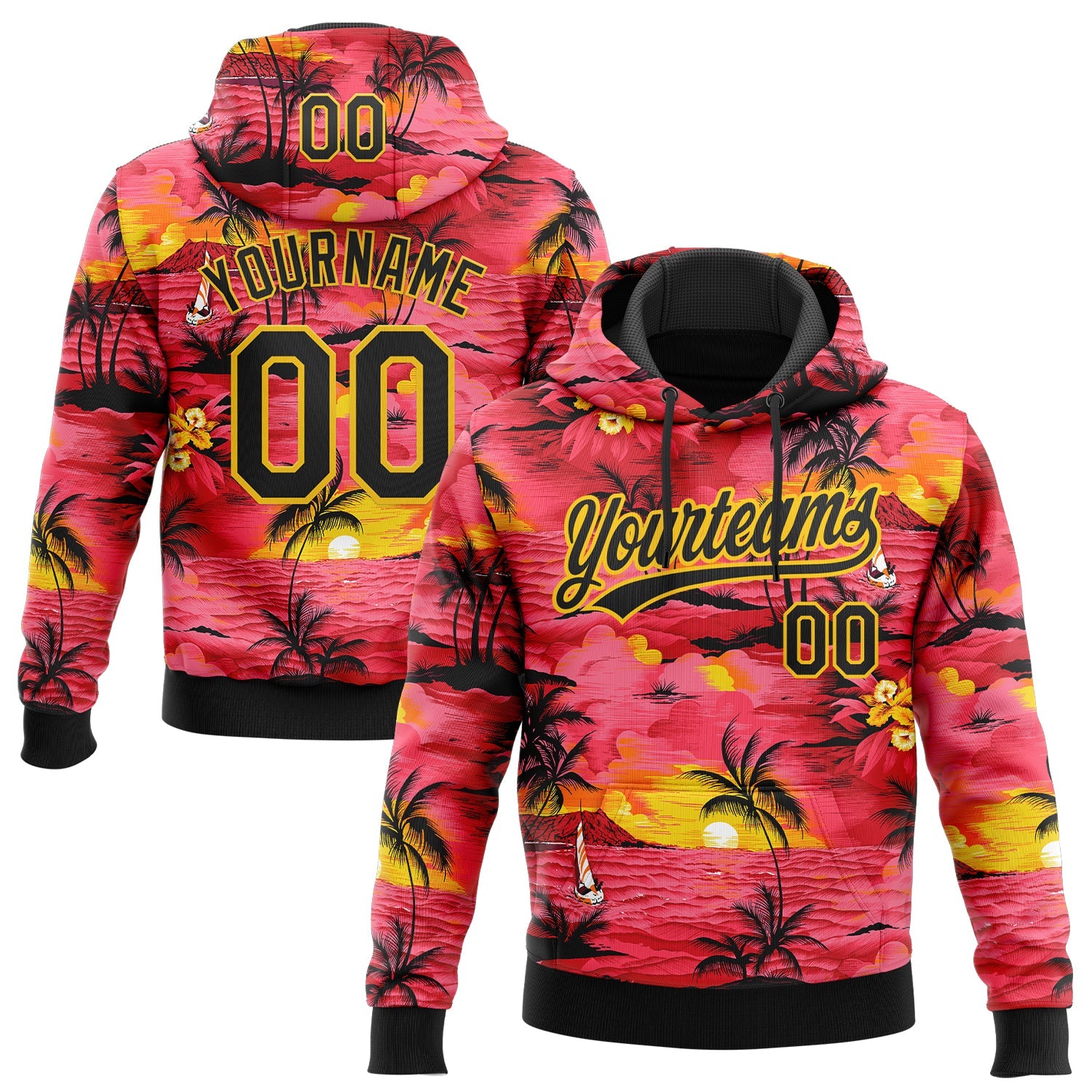 Custom Stitched Red Black-Yellow 3D Sun Beach Hawaii Palm Trees Sports Pullover Sweatshirt Hoodie