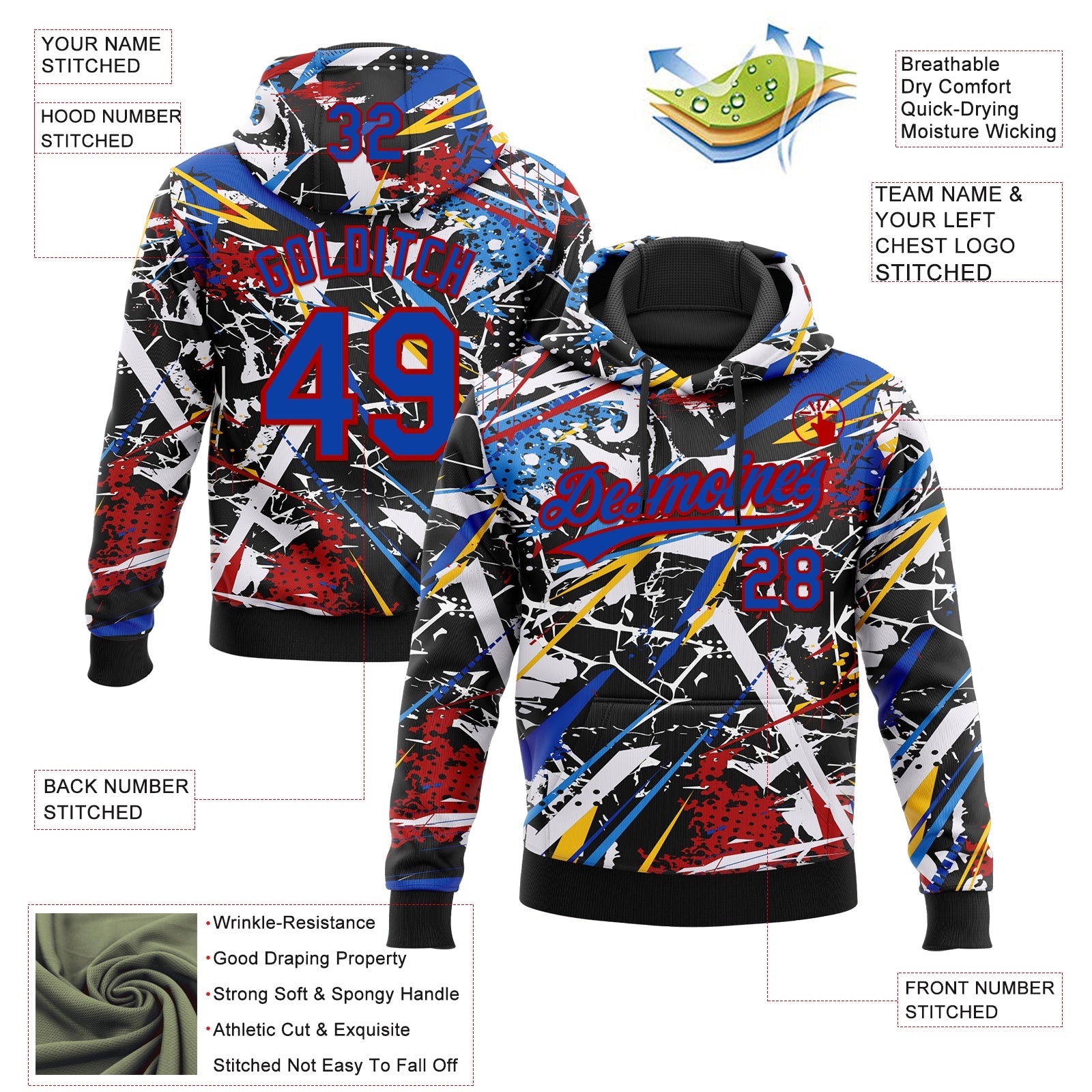 Custom Stitched Graffiti Pattern Thunder Blue-Red 3D Abstract Splatter Sports Pullover Sweatshirt Hoodie