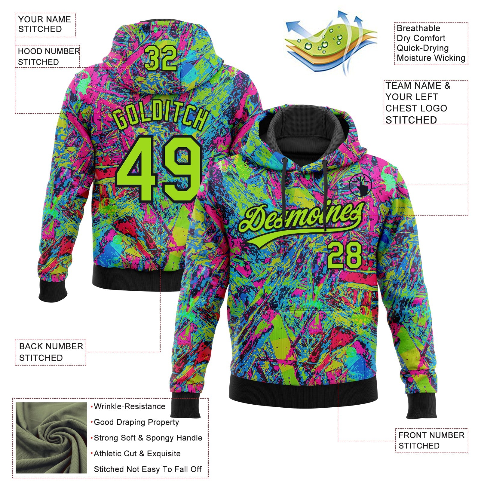 Custom Stitched Graffiti Pattern Neon Green-Black 3D Abstract Splatter Sports Pullover Sweatshirt Hoodie