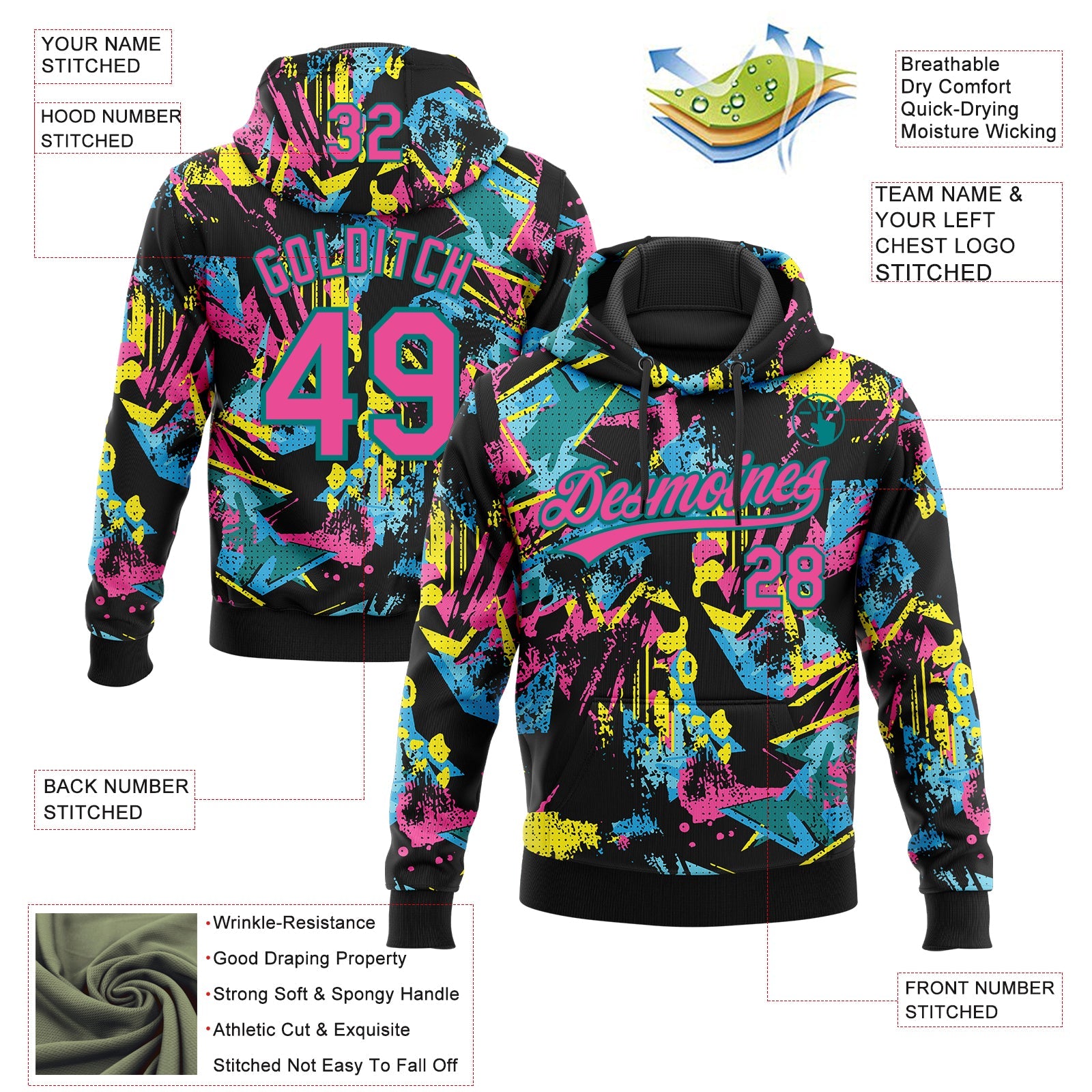 Custom Stitched Graffiti Pattern Pink-Teal 3D Abstract Splatter Sports Pullover Sweatshirt Hoodie