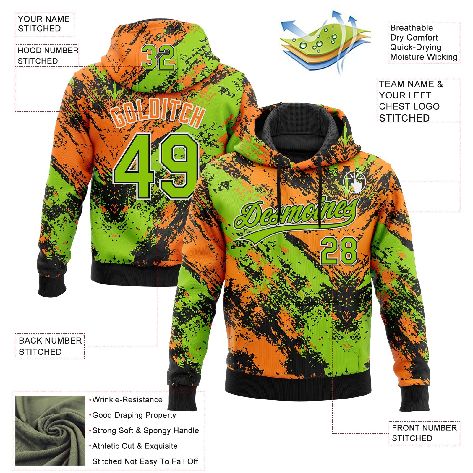 Custom Stitched Black Neon Green Bay Orange-White 3D Pattern Design Abstract Splatter Sports Pullover Sweatshirt Hoodie