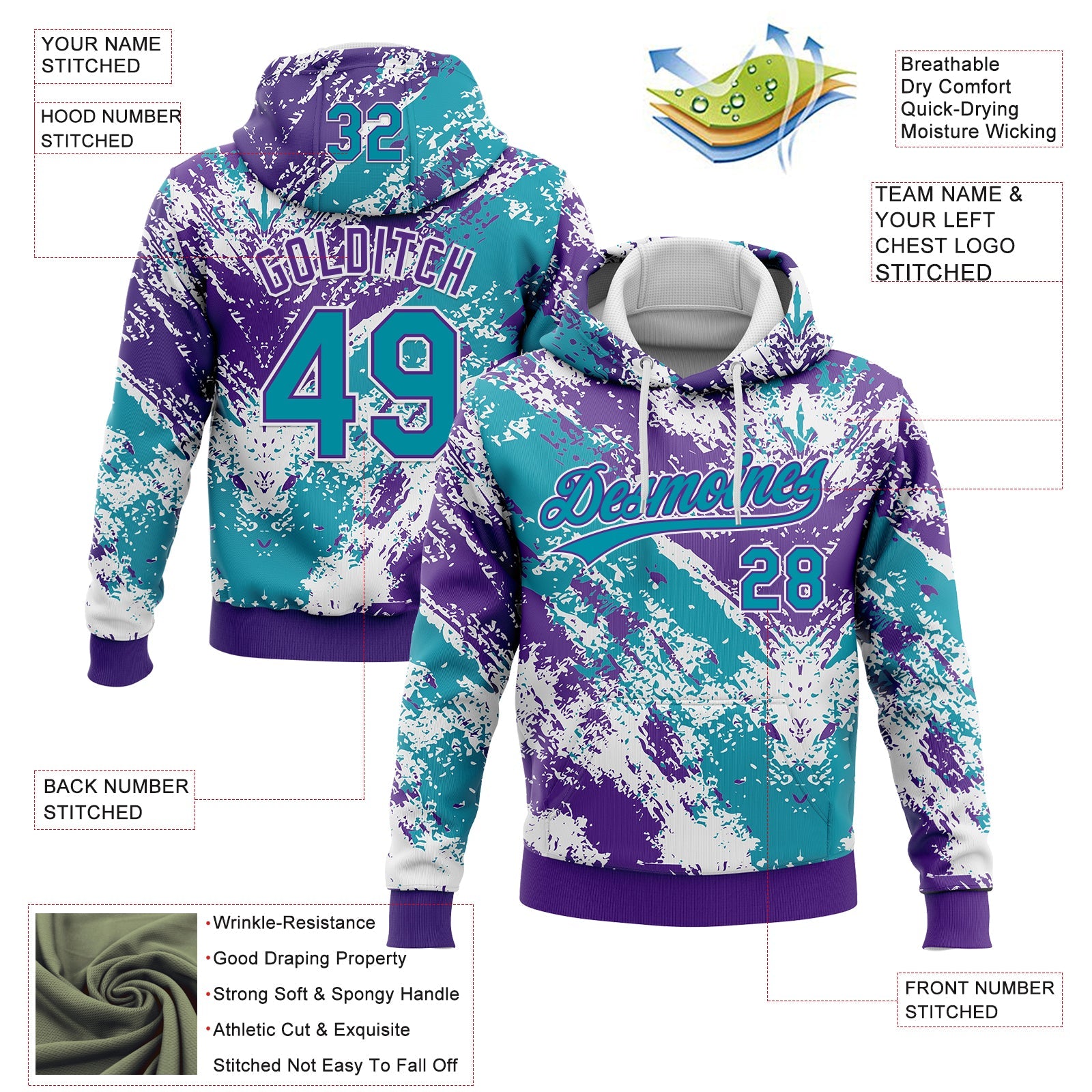 Custom Stitched White Teal Purple-White 3D Pattern Design Abstract Splatter Sports Pullover Sweatshirt Hoodie