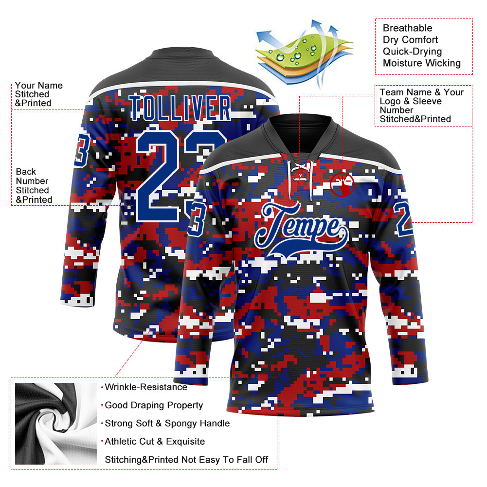 Custom Camo Royal Black-White American Flag Digital Camouflage Hockey Lace Neck Jersey