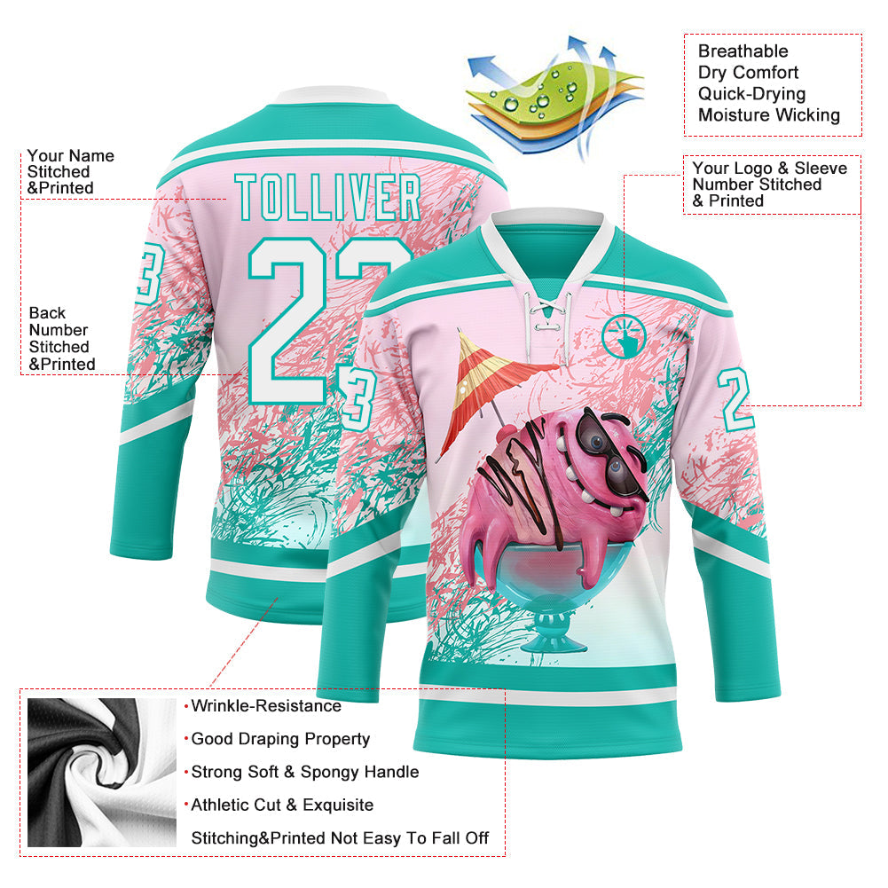 Custom Aqua White-Pink 3D Pattern Design Foodie Funny Ice Cream Hockey Lace Neck Jersey