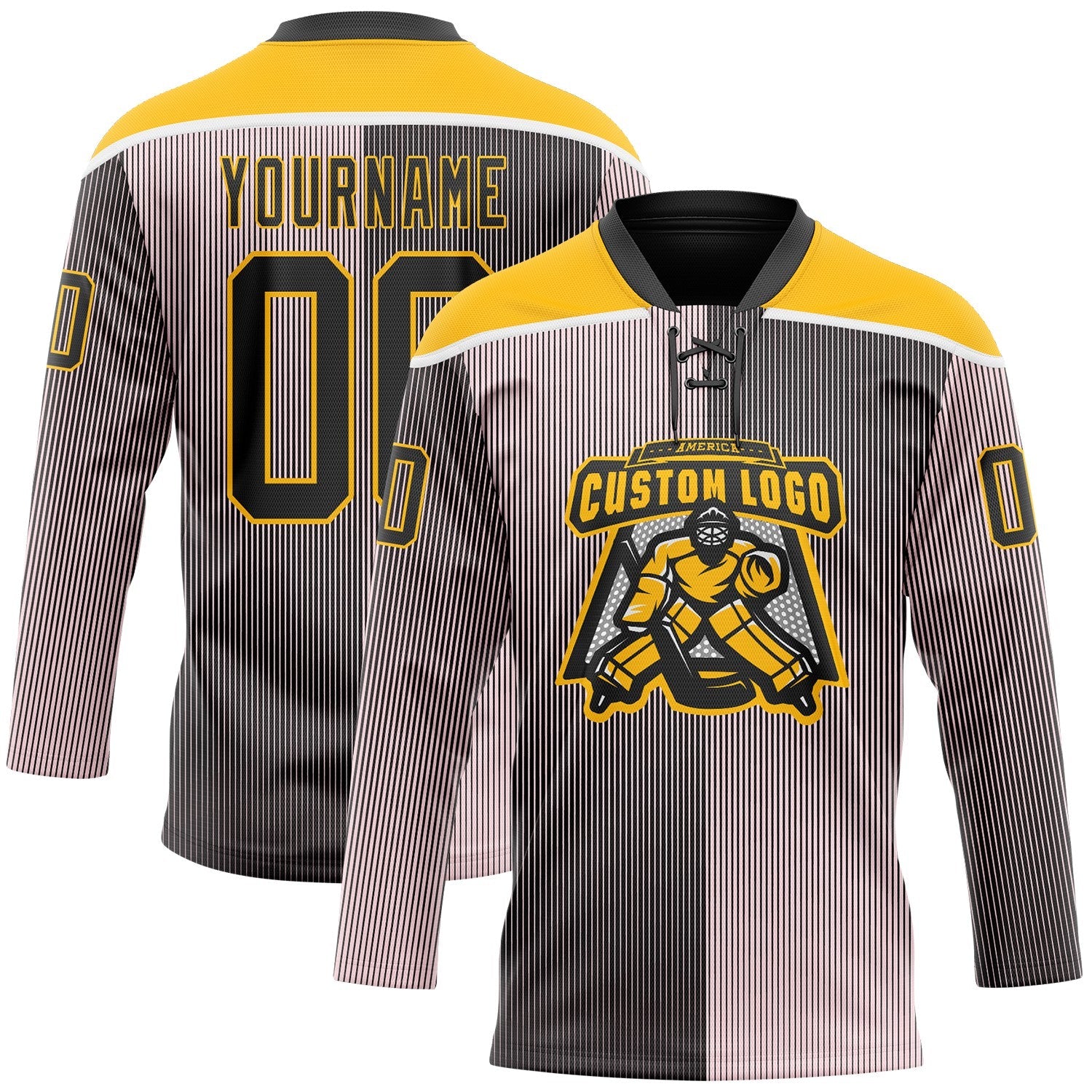 Custom Black Pink Gold-White 3D Pattern Design Stripe Gradient Hockey Lace Neck Jersey