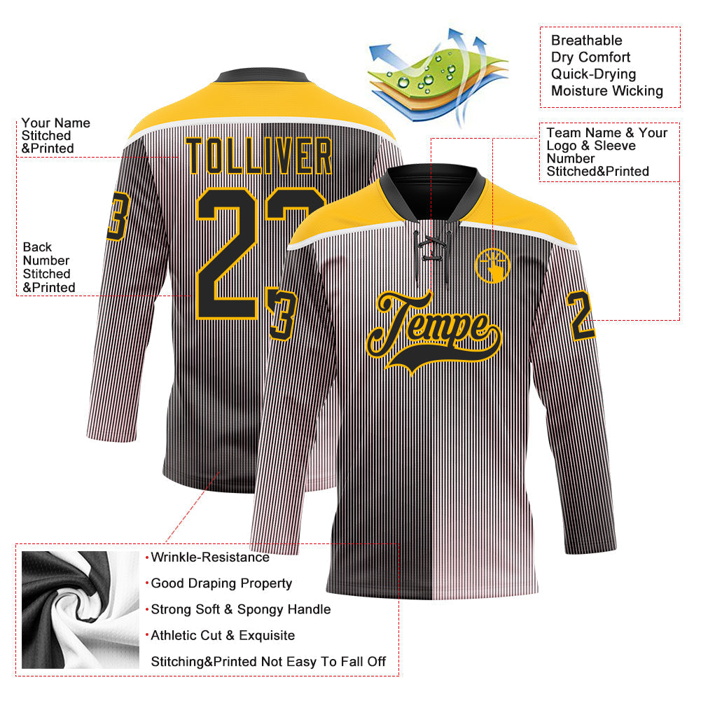 Custom Black Pink Gold-White 3D Pattern Design Stripe Gradient Hockey Lace Neck Jersey