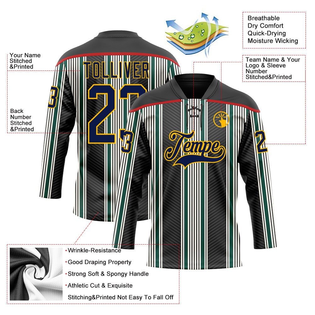 Custom Black Navy Green Red Gold-White 3D Pattern Design Stripe Hockey Lace Neck Jersey