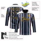 Custom Black Navy Red Gold-White 3D Pattern Design Stripe Hockey Lace Neck Jersey