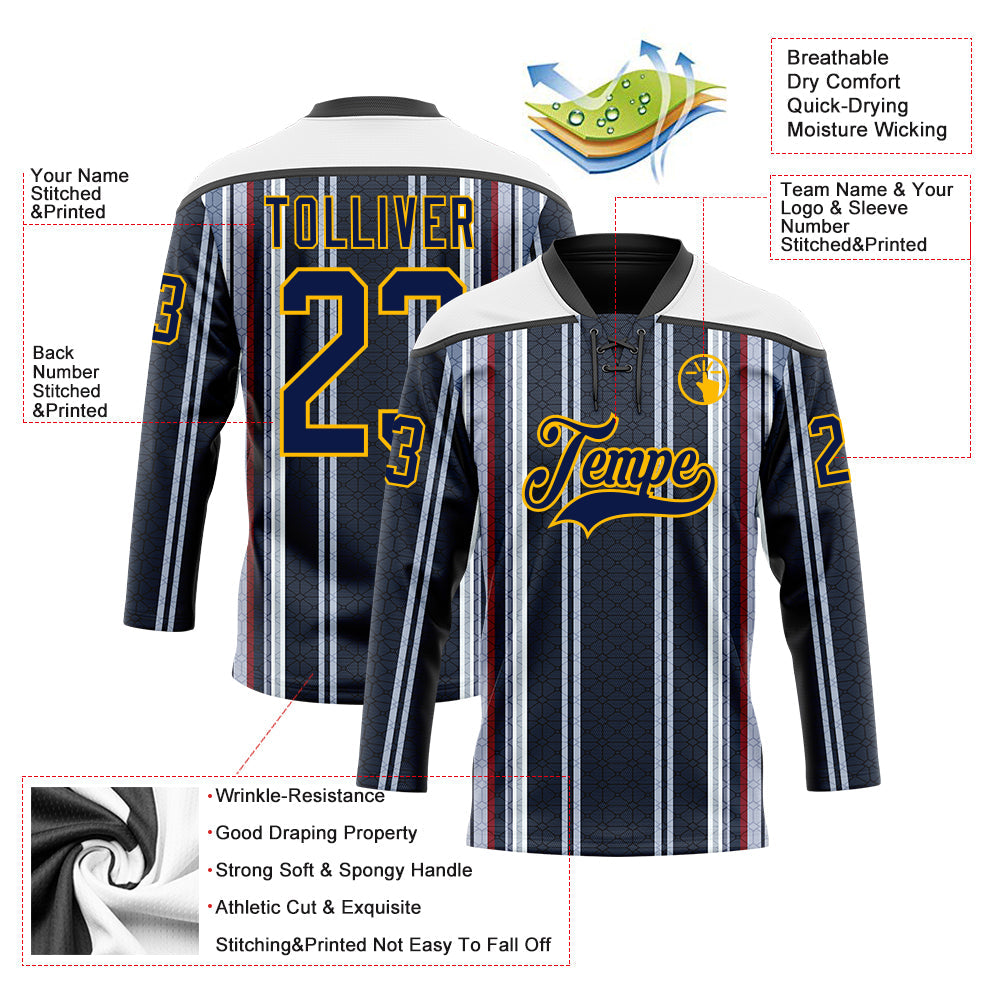 Custom Black Navy Red Gold-White 3D Pattern Design Stripe Hockey Lace Neck Jersey