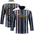 Custom Black Navy Red Gold-White 3D Pattern Design Stripe Hockey Lace Neck Jersey