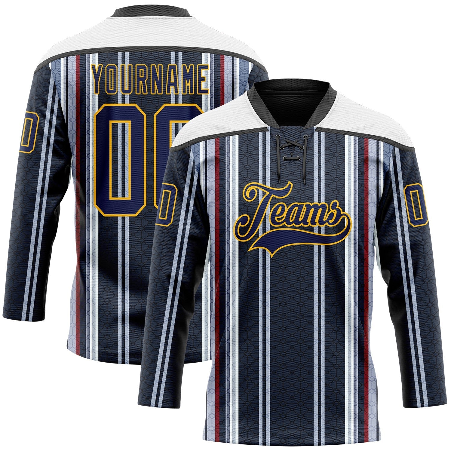 Custom Black Navy Red Gold-White 3D Pattern Design Stripe Hockey Lace Neck Jersey