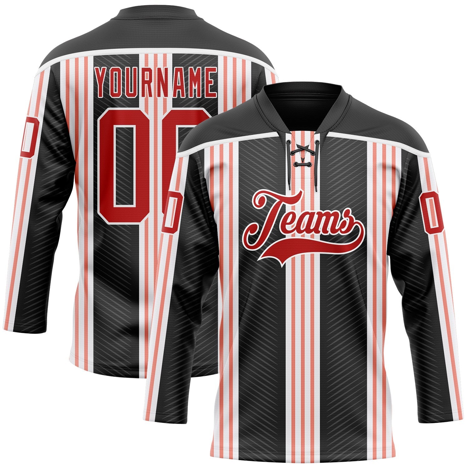 Custom Black Red Pink-White 3D Pattern Design Stripe Hockey Lace Neck Jersey